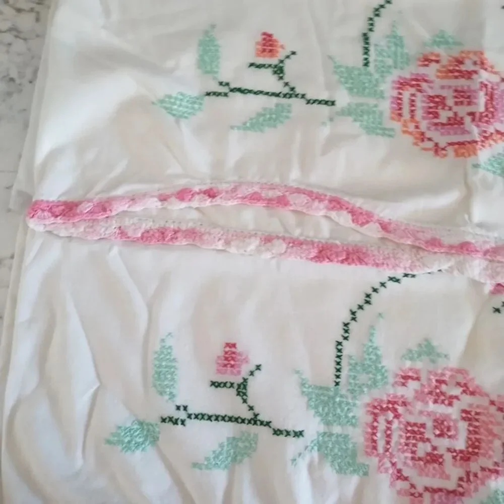 Vintage Hand Embroidered Pillowcases Pair Cross Stitch Pink Floral Queen